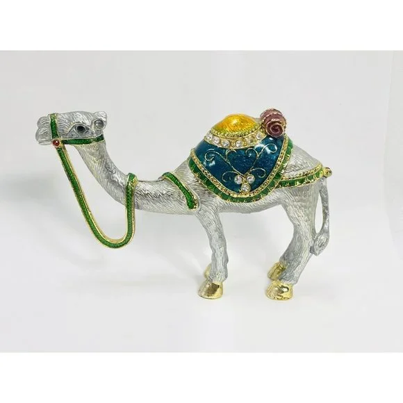 Crystal Bejeweled Camel Heavy Latching Trinket Box Silver Gold Emerald Colored - Picture 7 of 16